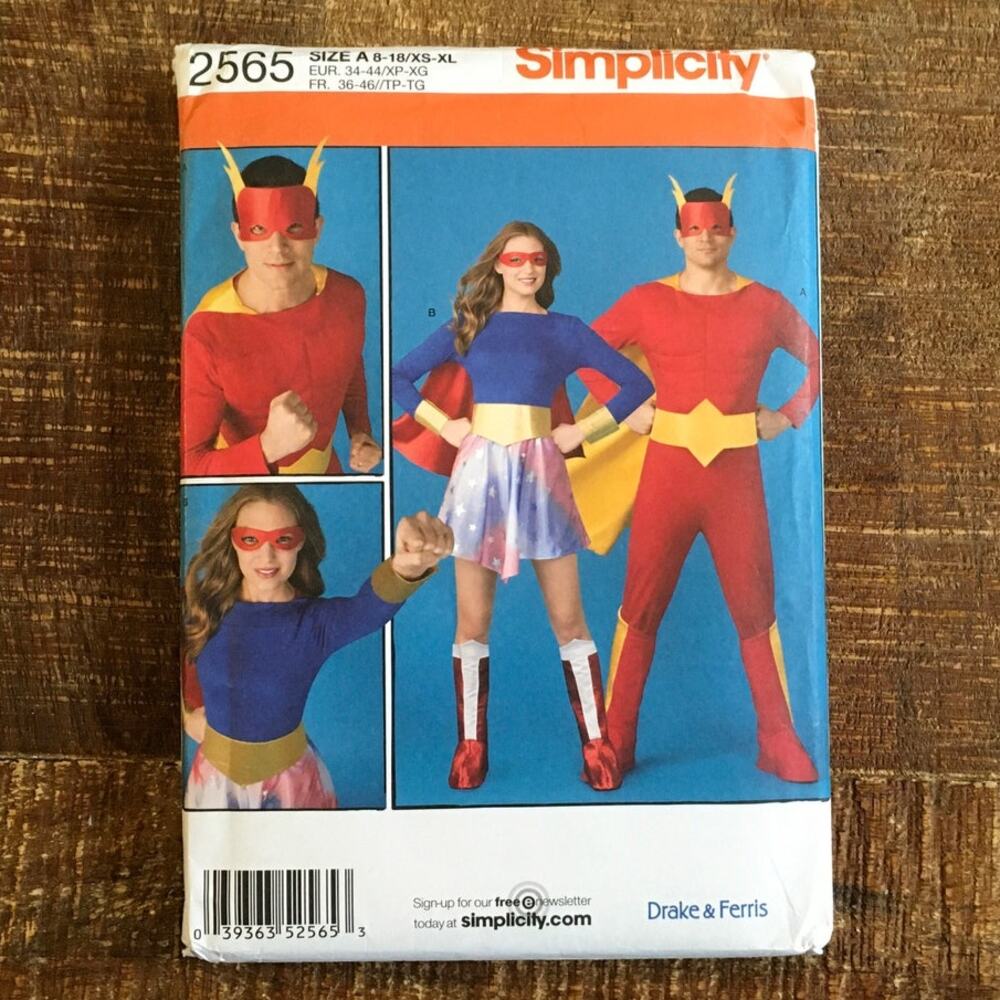 Simplicity Sewing Pattern 2565 Unisex Superhero Comic Book Cosplay XS-XL UNCUT